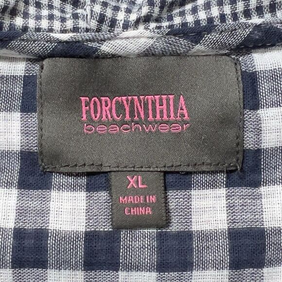 For Cynthia Beachwear Hooded Tunic Top Sz XL Blue Gingham Roll Tab Sleeve - Picture 5 of 12